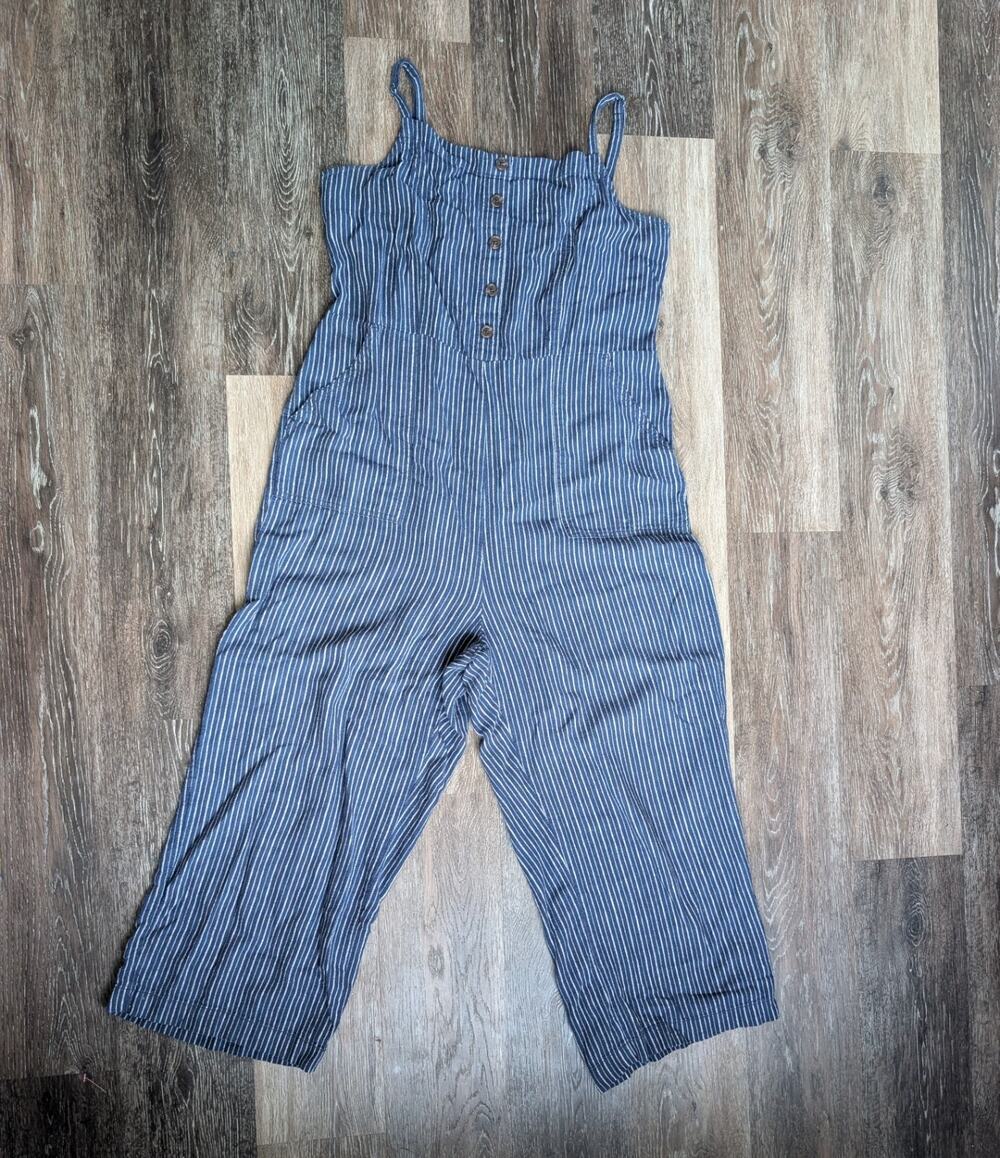 Womens Jumpsuit Sz Large Navy Blue Boho Linen Blend Cropped Coastel Grandma